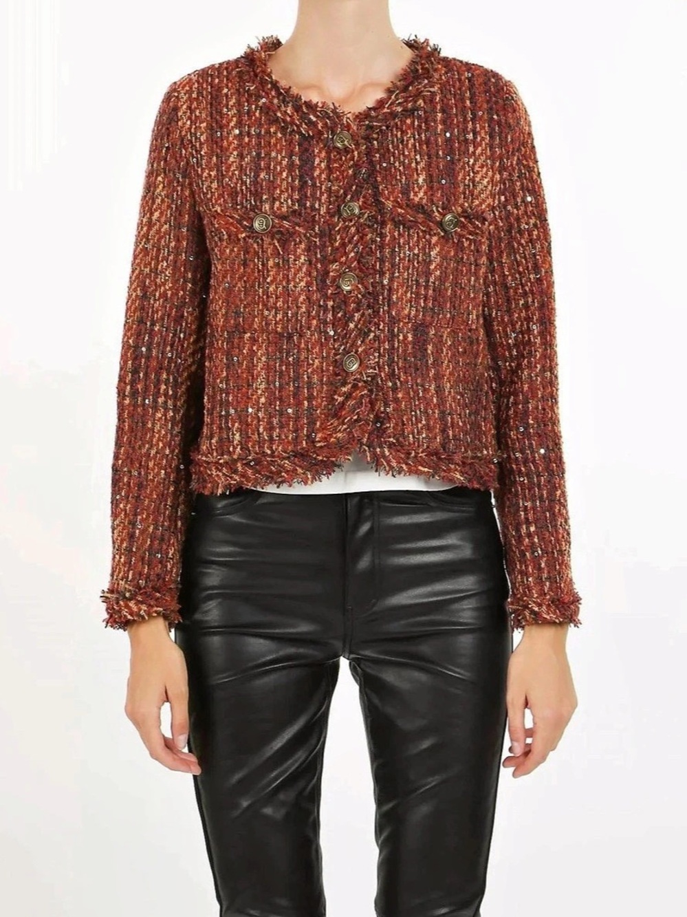 NWOT BeulahStyle Textured Fringe Jacket in Brown & Red Size Large